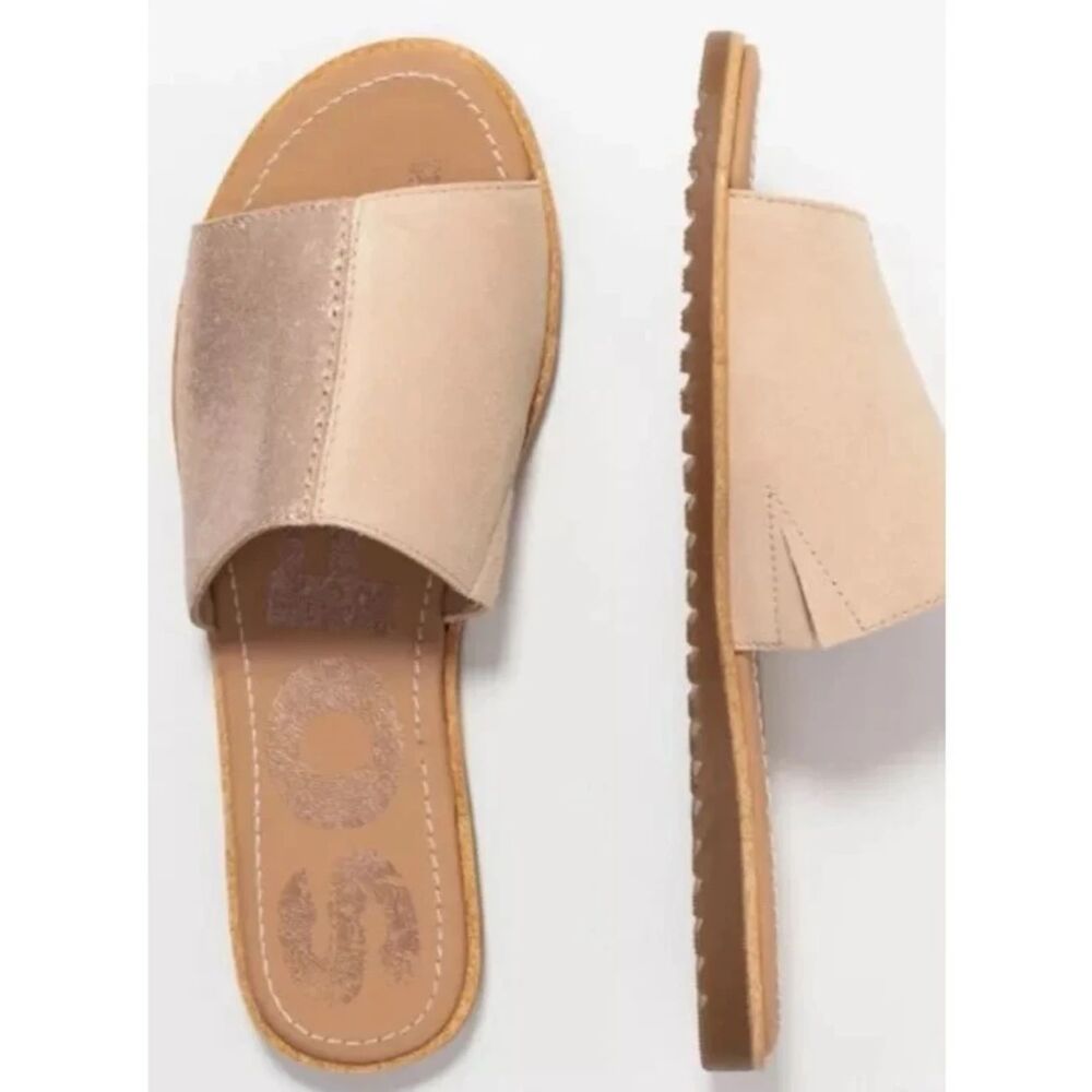 NWOT Sorel Ella Tan and Rose Gold Split Slides Leather Sandals Sz 6